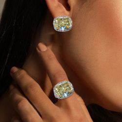 Unique Halo Radiant Cut Yellow Sapphire Earrings & Ring Sets