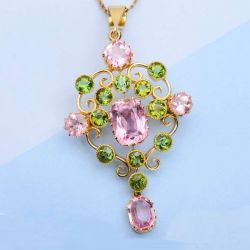 Golden Cushion Cut Pink & Peridot Sapphire Pendant Necklace For Women