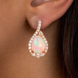 Rose Gold Halo Pear Cut Opal Drop Earrings