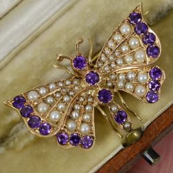 Vintage Golden Round Cut Amethyst Sapphire & Pearl Butterfly Brooch For Women