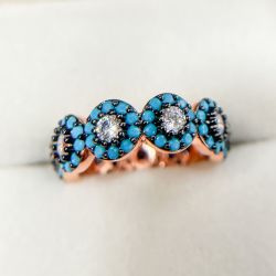 Two Tone Round Cut Turquoise & White Sapphire Wedding Band For Women