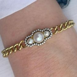 Two Tone Round Cut Pearl & White Sapphire Cuban Link Chain Bracelet