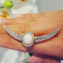Halo Crescent Shape Oval Cut Opal & White Sapphire Brooch For Women