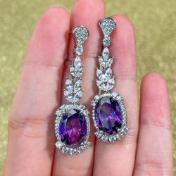 Halo Oval Cut Amethyst Sapphire Drop Earrings For Women