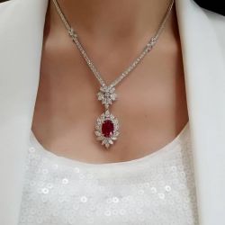 Halo Oval Cut Created Ruby Sapphire Necklace