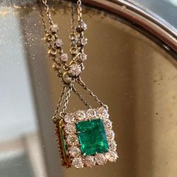 Halo Created Emerald Sapphire Vintage Pendent Necklace