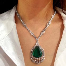 Created Emerald Sapphire Pear Cut Pendant Necklace