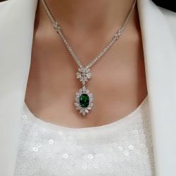 Halo Oval Cut Created Emerald Necklace