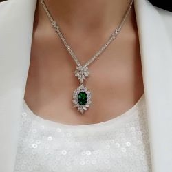 Halo Oval Cut Created Emerald Necklace For Women