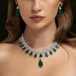 Pear Cut Emerald Sapphire Necklace & Earrings Set