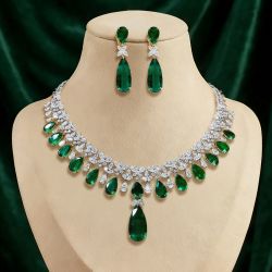 Pear Cut Emerald Sapphire Necklace & Earrings Set