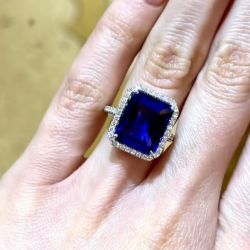 Halo Emerald Cut Blue Sapphire Engagement Ring
