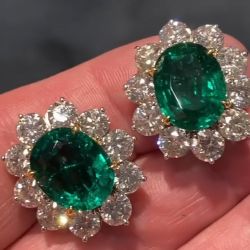  Two Tone Halo Oval Cut Emerald Stud Earrings