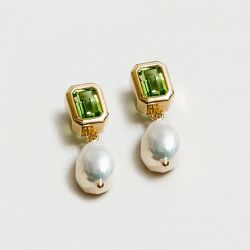 Golden Pearl & Olive Created Sapphire Drop Earrings