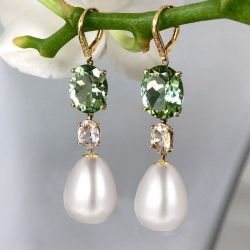 Golden Oval Cut & Pearl Peridot Drop Earrings