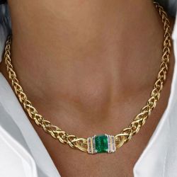 Golden Braid Design Emerald Cut Emerald Sapphire Necklace For Women