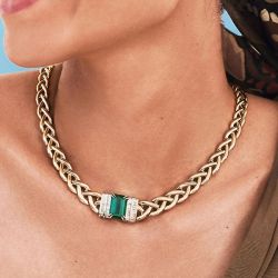 Golden Braid Design Emerald Cut Emerald Sapphire Necklace For Women