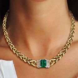 Golden Braid Design Emerald Cut Emerald Sapphire Necklace For Women