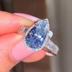 Halo Pear Cut Blue Engagement Ring