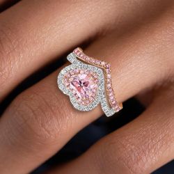 Two Tone Halo Heart Cut Pink Sapphire Bridal Set For Women