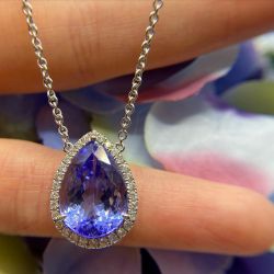 Halo Pear Cut Violet Blue Created Sapphire Pendant Necklace
