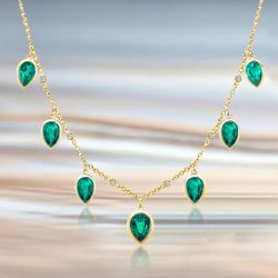 Golden Pear Cut Emerald Sapphire Pendant Necklace