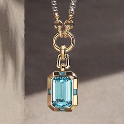 Two Tone Emerald Cut Aquamarine Sapphire Pendant Necklace