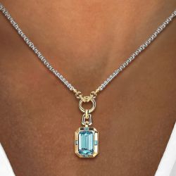 Two Tone Emerald Cut Aquamarine Sapphire Pendant Necklace