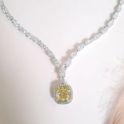 Two Tone Halo Cushion Cut Yellow Sapphire Pendant Necklace