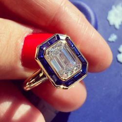 Golden Blue Halo Emerald Cut Engagement Ring