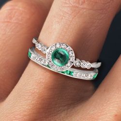Halo Milgrain Round Cut Emerald Color Bridal Set