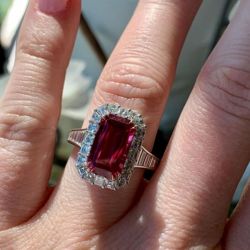 Double Prong Halo Emerald Ruby Engagement Ring