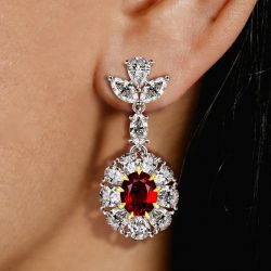Two Tone Halo Oval Cut Ruby Sapphire Drop Earinngs