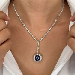 Vintage Inspired Halo Cushion Cut Royal Blue Sapphire Necklace For Women 