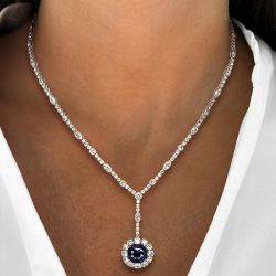 Vintage Inspired Halo Cushion Cut Royal Blue Sapphire Necklace For Women 