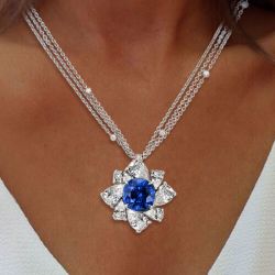 Layer Round Cut Blue Sapphire Pendant Necklace For Women 