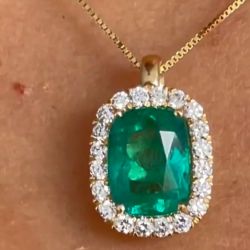 Golden Halo Cushion Cut Emerald Sapphire Pendant Necklace For Women