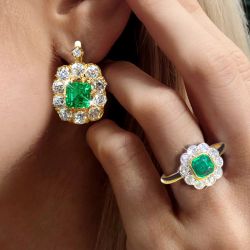 Golden Halo Asscher Cut Emerald Color Earrings & Ring Sets