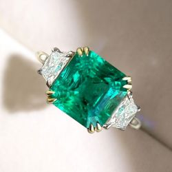 Three Stone Asscher Cut Emerald Sapphire Engagement Ring