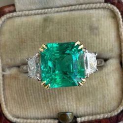Three Stone Asscher Cut Emerald Sapphire Engagement Ring