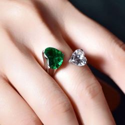 Open Design Double Heart Cut Emerald & White Sapphire Ring