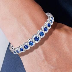 Vintage Two Tone Halo Round Cut Royal Blue Sapphire Bracelet