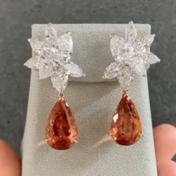 Classic Two Tone Pear Cut Orange Sapphire Drop Earrings