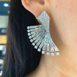 Unique Fan Shaped Round & Baguette Cut Stud Earring