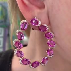 Rose Gold Halo Oval Cut Pink Sapphire Circle Shape Hoop Earrings