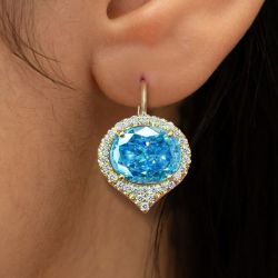 Golden Halo Oval Cut Aquamarine Sapphire Drop Earrings