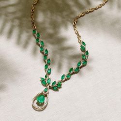 Golden Pear Cut Emerald Sapphire Pendant Necklace For Women 