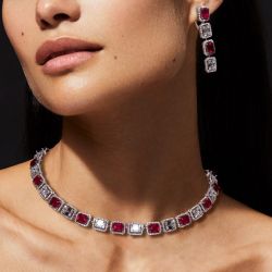 Halo Emerald Cut Ruby & White Sapphire Necklace & Earring Sets