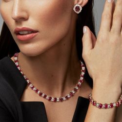 Two Tone Classic Oval Cut Ruby & White Sapphire Necklace & Bracelet & Earrings Sets