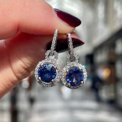 Halo Round Cut Blue Sapphire Drop Earrings